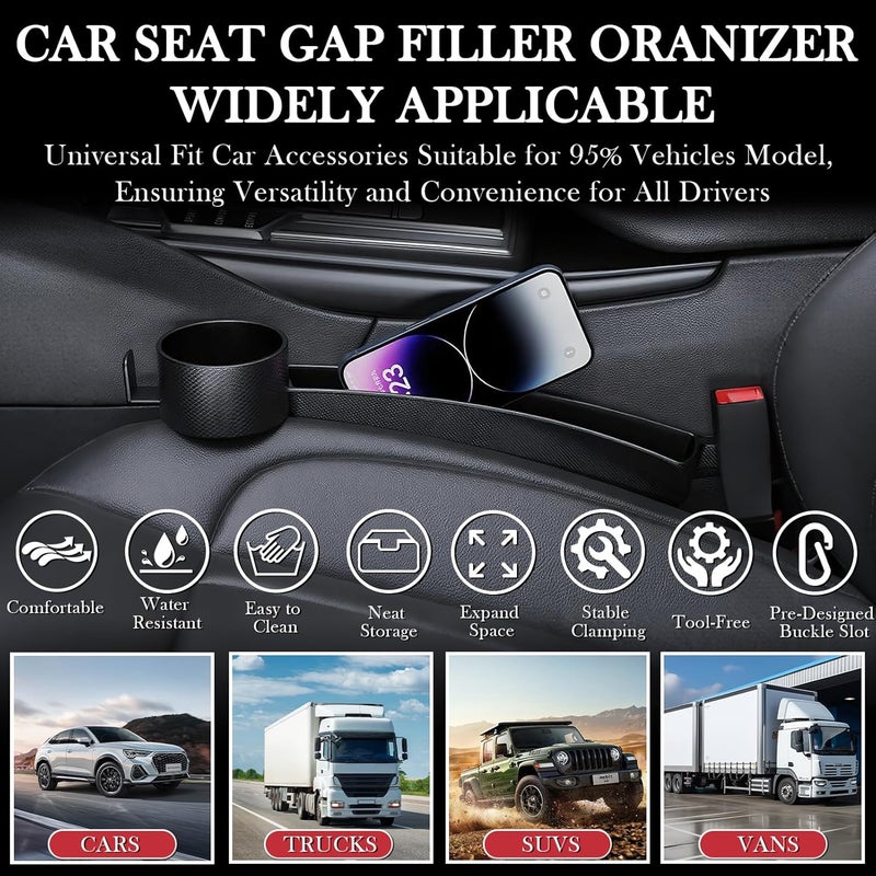 DDTPDE Car Seat Gap Filler Set of 2, Upgraded Car Side Seat Gap Fillers with Organizer, Cup Holder & Hook Function, Inserts Between Front Seats Console Catcher 4in1 Gap Stopper Fill Plug Storage Box (Black) - Image 5